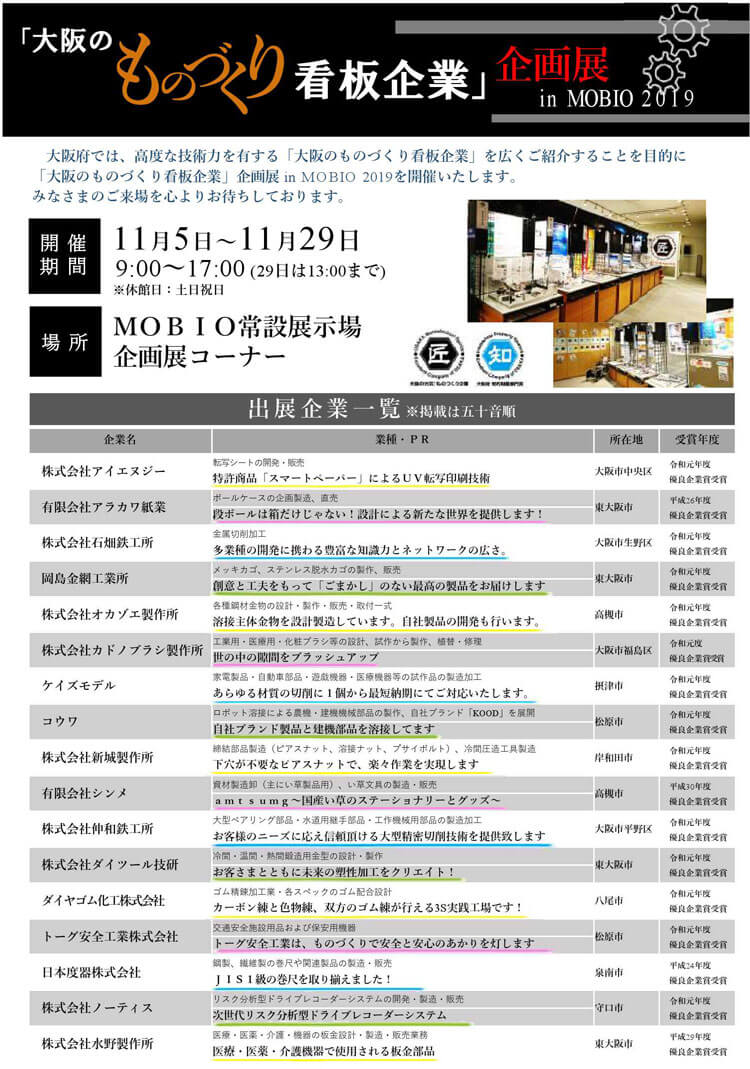 【大阪のものづくり看板企業】企画展 IN MOBIO 2019（11/5～11/29）に出展いたします。